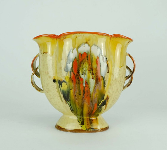 Image 1 of Wunderschöne Art-Déco-Vase aus den 1930er Jahren aus Keramik von Dumler Breiden mit Tropfglasur und Doppelgriff