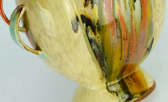 Image 1 of Wunderschöne Art-Déco-Vase aus den 1930er Jahren aus Keramik von Dumler Breiden mit Tropfglasur und Doppelgriff