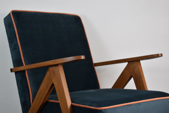 Image 1 of Restaurierter Compas Stuhl, Kanariengelber Stoff, Orangefarbenes Garn, Teakholz, 1960