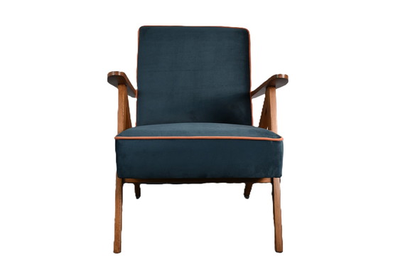 Image 1 of Restaurierter Compas Stuhl, Kanariengelber Stoff, Orangefarbenes Garn, Teakholz, 1960