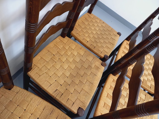 Image 1 of Suite Von 6 Vintage Arts & Crafts Style Antonio Calligaris Stühle Aus Eichenholz Und Seil Aus Den 50er Jahren