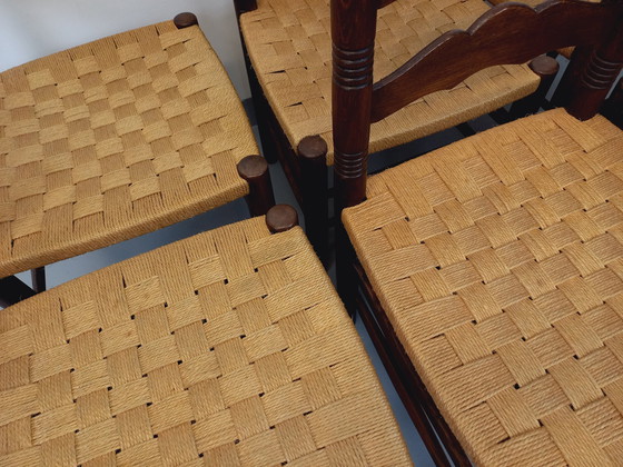 Image 1 of Suite Von 6 Vintage Arts & Crafts Style Antonio Calligaris Stühle Aus Eichenholz Und Seil Aus Den 50er Jahren