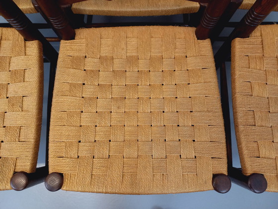 Image 1 of Suite Von 6 Vintage Arts & Crafts Style Antonio Calligaris Stühle Aus Eichenholz Und Seil Aus Den 50er Jahren