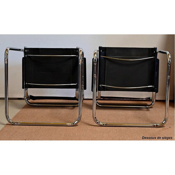 Image 1 of Paar verchromte Metallsessel mit schwarzer Ledersitzfläche und Rückenlehne von Marcel Breuer, Ungarn 1970er Jahre