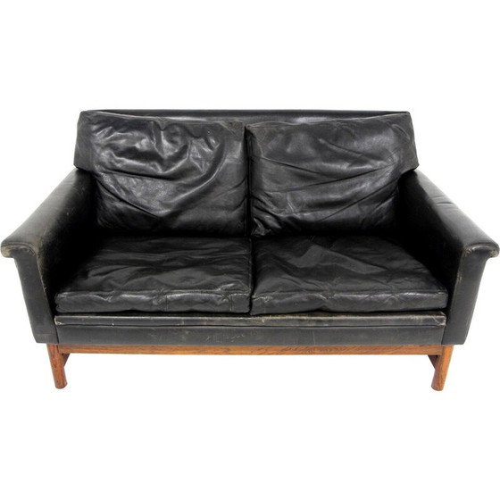 Image 1 of Skandinavisches Vintage-Sofa aus Leder und Palisanderholz, Schweden 1950