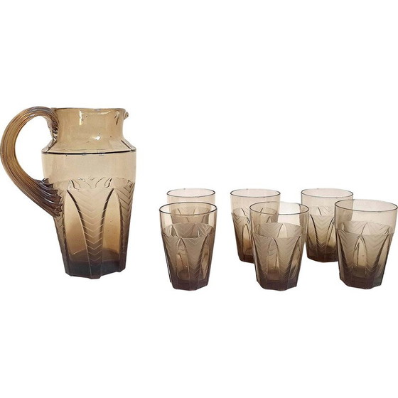 Image 1 of Vintage Art Deco Orangenservice aus braunem rauchfarbenem Pressglas