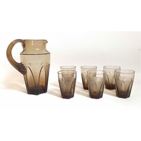 Image 1 of Vintage Art Deco Orangenservice aus braunem rauchfarbenem Pressglas