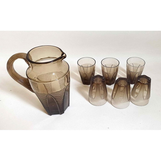 Image 1 of Vintage Art Deco Orangenservice aus braunem rauchfarbenem Pressglas