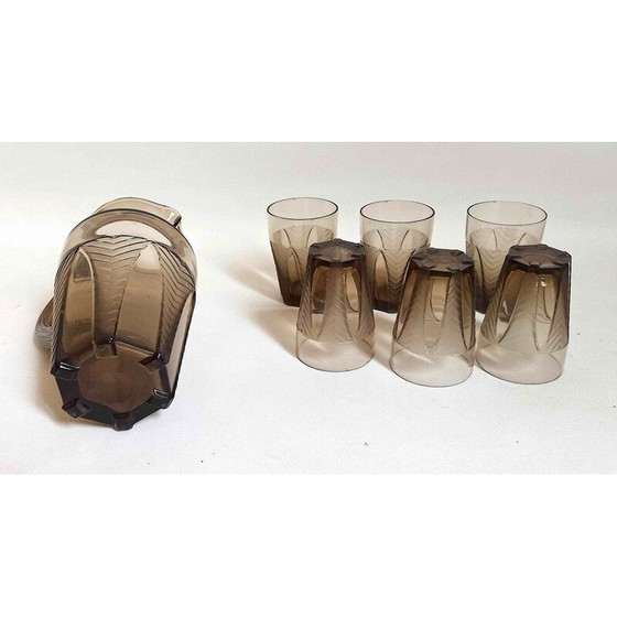 Image 1 of Vintage Art Deco Orangenservice aus braunem rauchfarbenem Pressglas