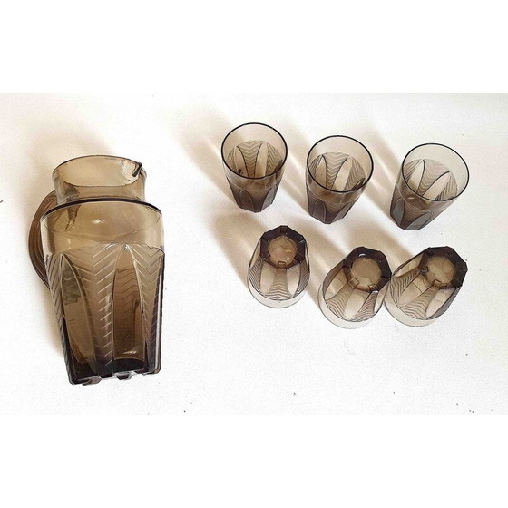 Image 1 of Vintage Art Deco Orangenservice aus braunem rauchfarbenem Pressglas