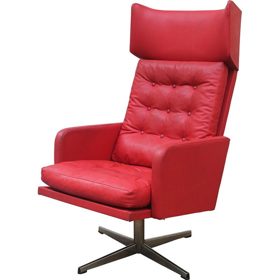 Image 1 of Vintage Drehsessel in rotem Leder und Stahl, Tschechoslowakei 1970er Jahre