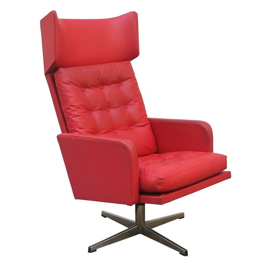 Image 1 of Vintage Drehsessel in rotem Leder und Stahl, Tschechoslowakei 1970er Jahre