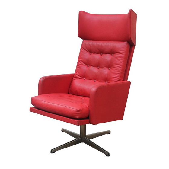 Image 1 of Vintage Drehsessel in rotem Leder und Stahl, Tschechoslowakei 1970er Jahre