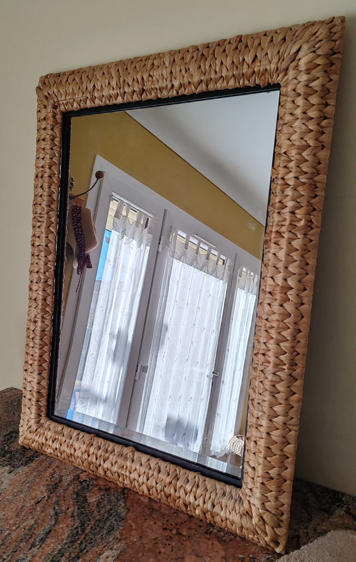 Großer Vintage-Spiegel Schmiedeeisen Geflochtene Wasserhyazinthe