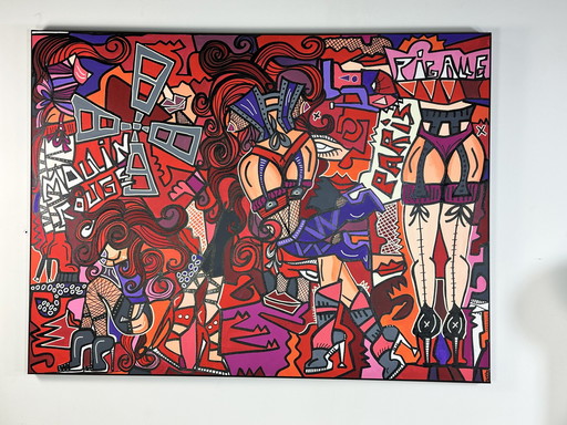 Acryl- und Posca-Malerei auf Leinwand "Moulin Rouge" Zeitgenössische Kunst von Red Dito