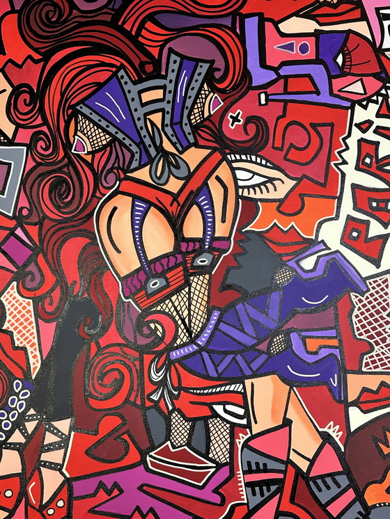 Image 1 of Acryl- und Posca-Malerei auf Leinwand "Moulin Rouge" Zeitgenössische Kunst von Red Dito
