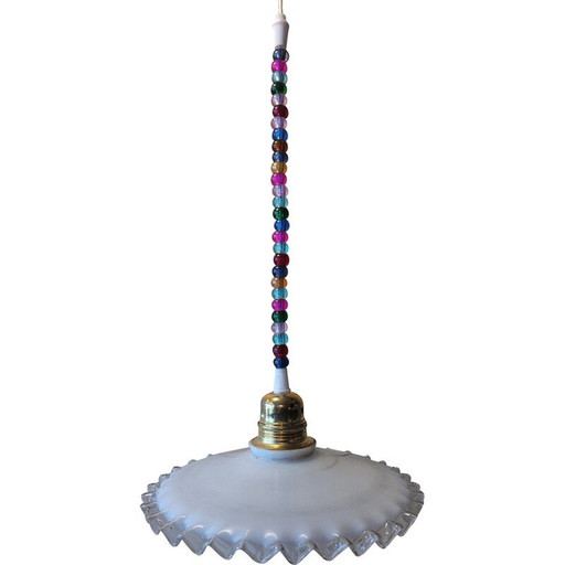 Vintage-Pendelleuchte "Froufrou" aus Opalin und Glasperlen