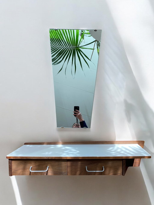 Mid Century Waschtisch-Wandschrank Schwebend Mit Spiegel