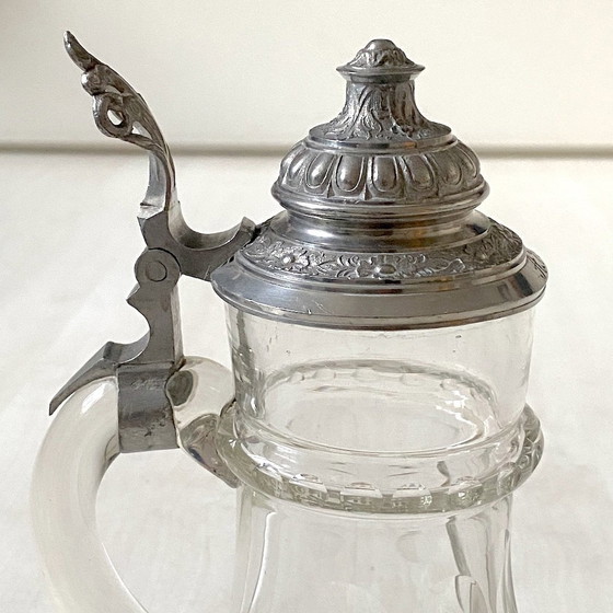 Image 1 of Bohemian Crystal Bierkrug 1900 mit Zinndeckel mit Ziselierung