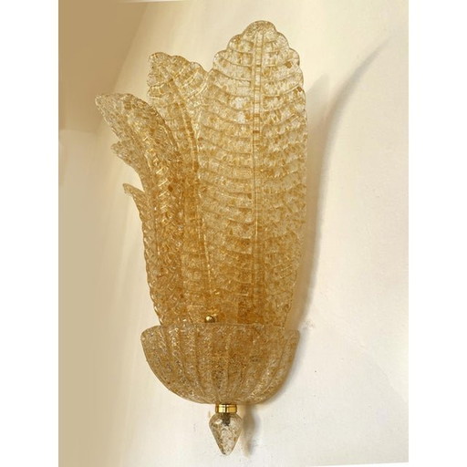 Satz von zwei transparenten und goldenen Graniglia "Blatt" Muranoglas Wandleuchter