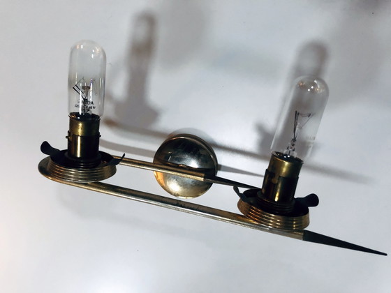 Image 1 of Doppelte Vintage-Wandleuchte - Messing, Stahl & Glas - 1950