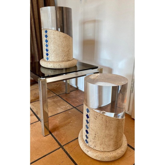Image 1 of Paar Vintage-Säulen aus Travertin und Plexiglas