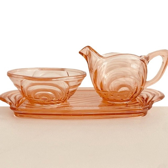 Image 1 of Art deco rosa Glas Milch und Zucker Set mit Serviertablett