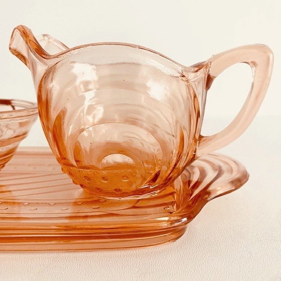 Image 1 of Art deco rosa Glas Milch und Zucker Set mit Serviertablett