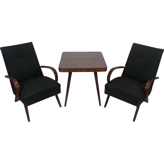 Image 1 of Set aus 2 Vintage-Sesseln und Tisch von Jindřich Halabala aus grünem Stoff und Eichenholz