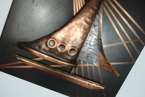 Image 1 of Reliefbild Kupfer Segelboot Sonne Vintage 1950s