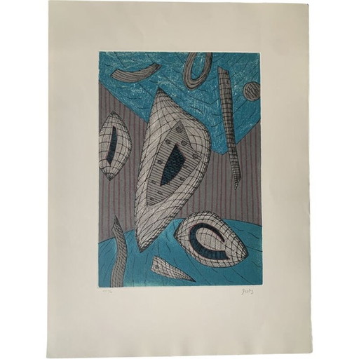 Blauer und grauer Kupferstich von Henri Goetz, 1970