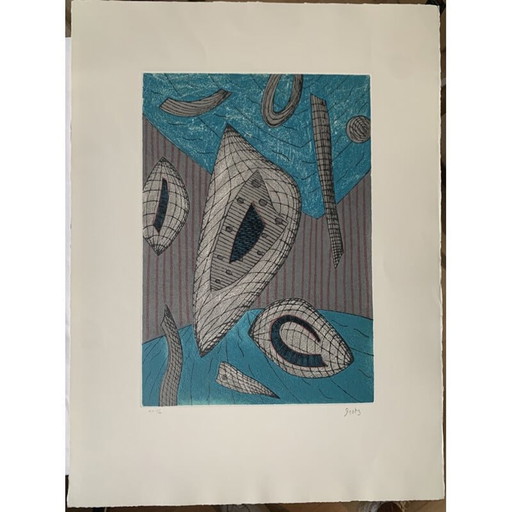 Blauer und grauer Kupferstich von Henri Goetz, 1970