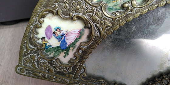 Image 1 of Fächerförmiger Spiegel mit Porzellanmalerei - Spanien 1930er Jahre