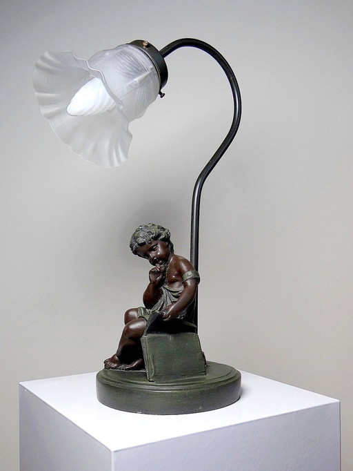 Lampe Schulkind Reproduktion Alter Kunstharz Bronze Façon & Alte Tulpe