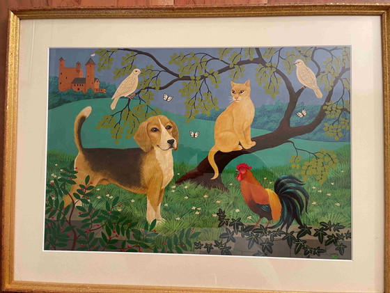 Image 1 of Sylvia Emmons Gouache - Beagle-Katze und Hahn