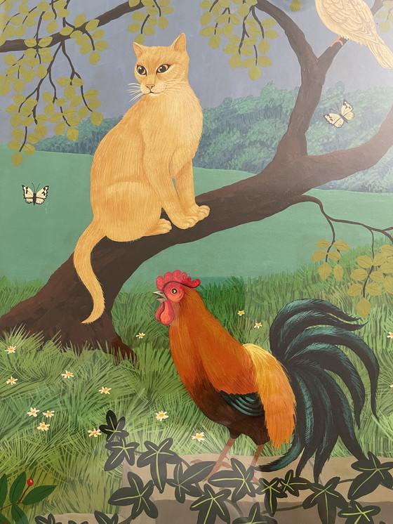 Image 1 of Sylvia Emmons Gouache - Beagle-Katze und Hahn