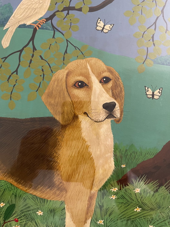Image 1 of Sylvia Emmons Gouache - Beagle-Katze und Hahn