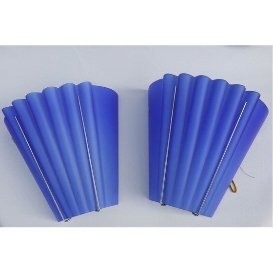 Image 1 of Paar alte Wandleuchter aus blauem plissiertem Muranoglas, Italien 1970