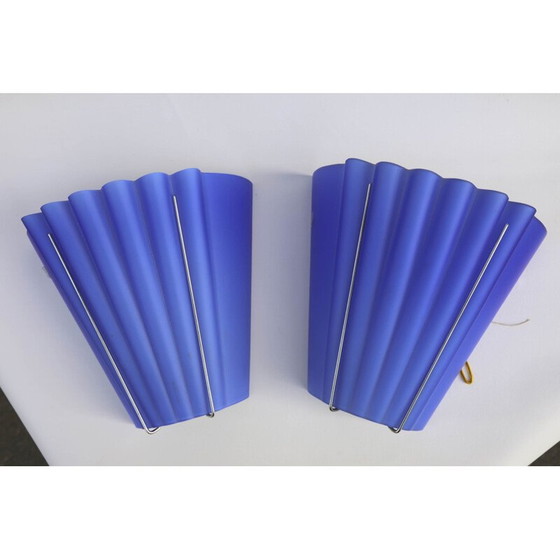 Image 1 of Paar alte Wandleuchter aus blauem plissiertem Muranoglas, Italien 1970
