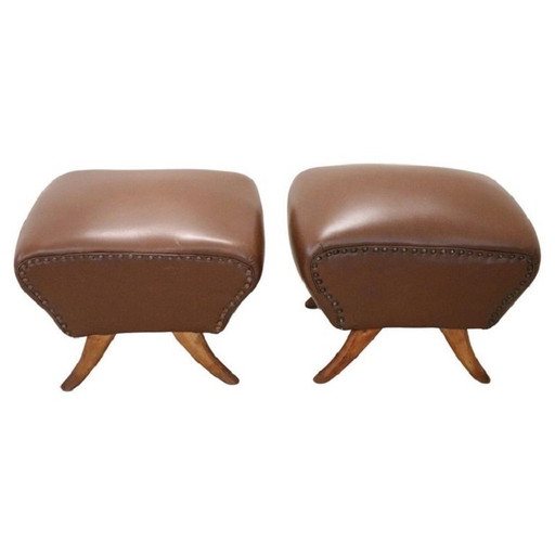 Mid-Century Braun Kunstleder Poufs, Satz von 2