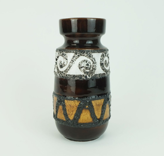 Image 1 of scheurich Mid Century Keramik VASE Fett Lava braun ocker weiß Modell 242-22