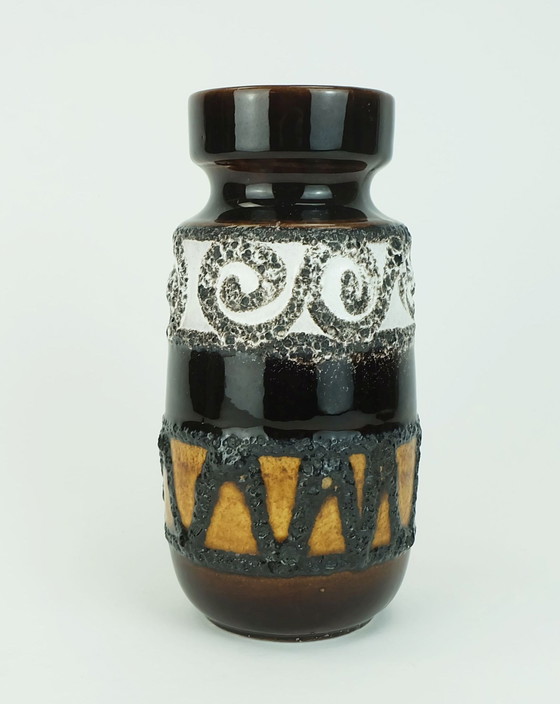 Image 1 of scheurich Mid Century Keramik VASE Fett Lava braun ocker weiß Modell 242-22