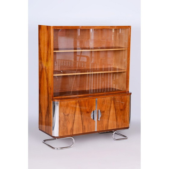 Image 1 of Vintage Art Deco Bücherregal aus Nussbaum und Glas von Vichr, Tschechoslowakei 1930