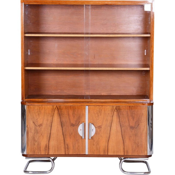 Image 1 of Vintage Art Deco Bücherregal aus Nussbaum und Glas von Vichr, Tschechoslowakei 1930