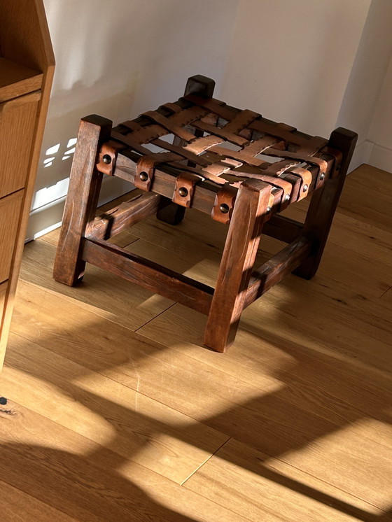 Image 1 of Wooden Brasilian Brutalist Leather Footstool Side Table Pouf