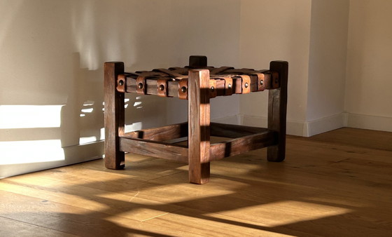 Image 1 of Wooden Brasilian Brutalist Leather Footstool Side Table Pouf