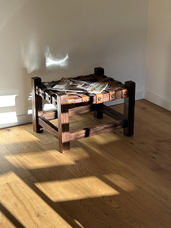 Image 1 of Wooden Brasilian Brutalist Leather Footstool Side Table Pouf