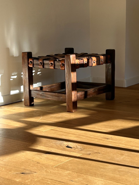 Image 1 of Wooden Brasilian Brutalist Leather Footstool Side Table Pouf