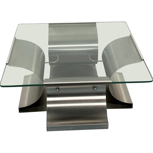 Vintage Couchtisch aus gebürstetem Stahl von Francois Monnet für Kappa, Frankreich 1970