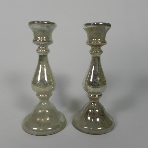 2er Set Quicksilber-Kerzenleuchter, rund 1900 (armes Silber)